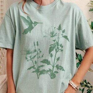 Hummingbird Shirt Garden Graphic Tee Floral Nature Lover Top Cottage Fairy